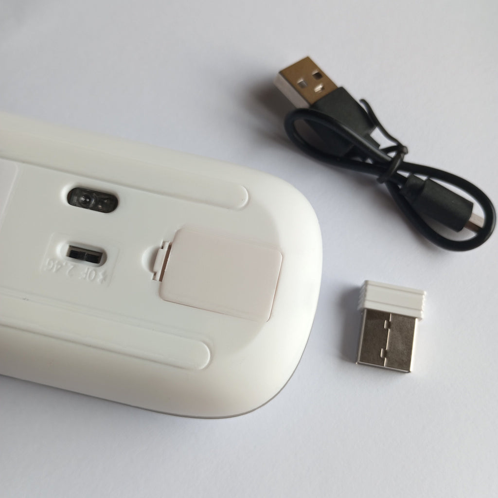 Belaidė 2.4G RGB pelė – tylus mygtukų paspaudimas, įkraunama, USB + Bluetooth, PC / Laptop / iPad Silver