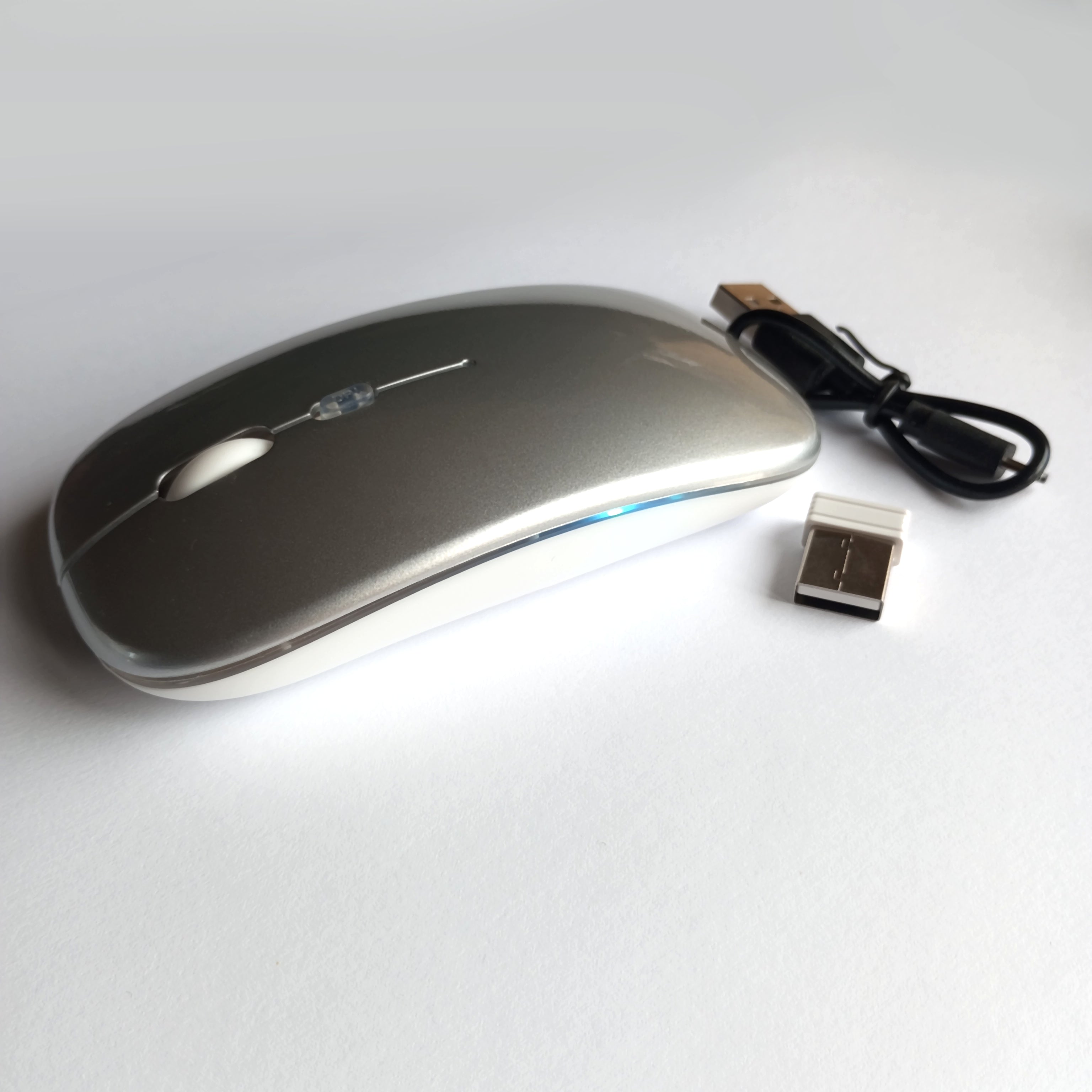 Belaidė 2.4G RGB pelė – tylus mygtukų paspaudimas, įkraunama, USB + Bluetooth, PC / Laptop / iPad Silver