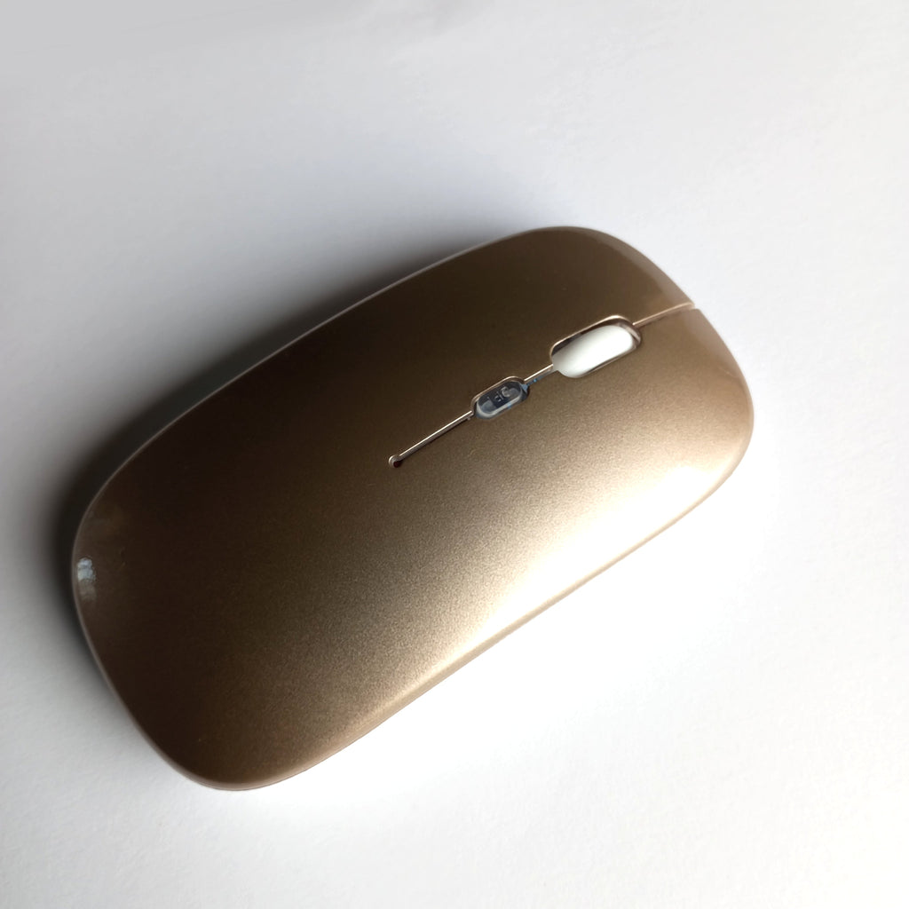 Belaidė 2.4G RGB pelė – tylus mygtukų paspaudimas, įkraunama, USB + Bluetooth, PC / Laptop / iPad Gold