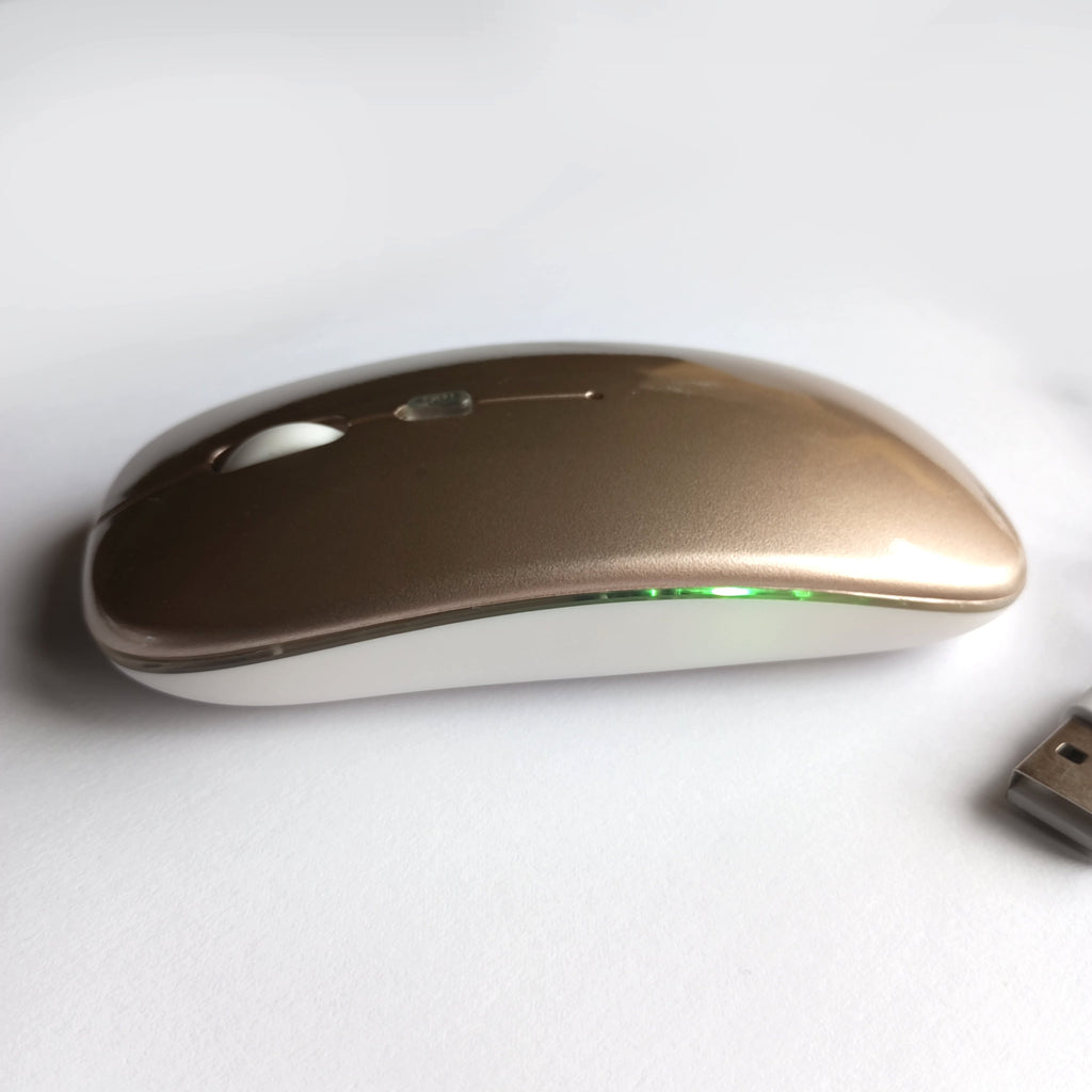 Belaidė 2.4G RGB pelė – tylus mygtukų paspaudimas, įkraunama, USB + Bluetooth, PC / Laptop / iPad Gold