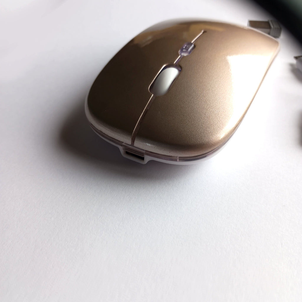 Belaidė 2.4G RGB pelė – tylus mygtukų paspaudimas, įkraunama, USB + Bluetooth, PC / Laptop / iPad Gold