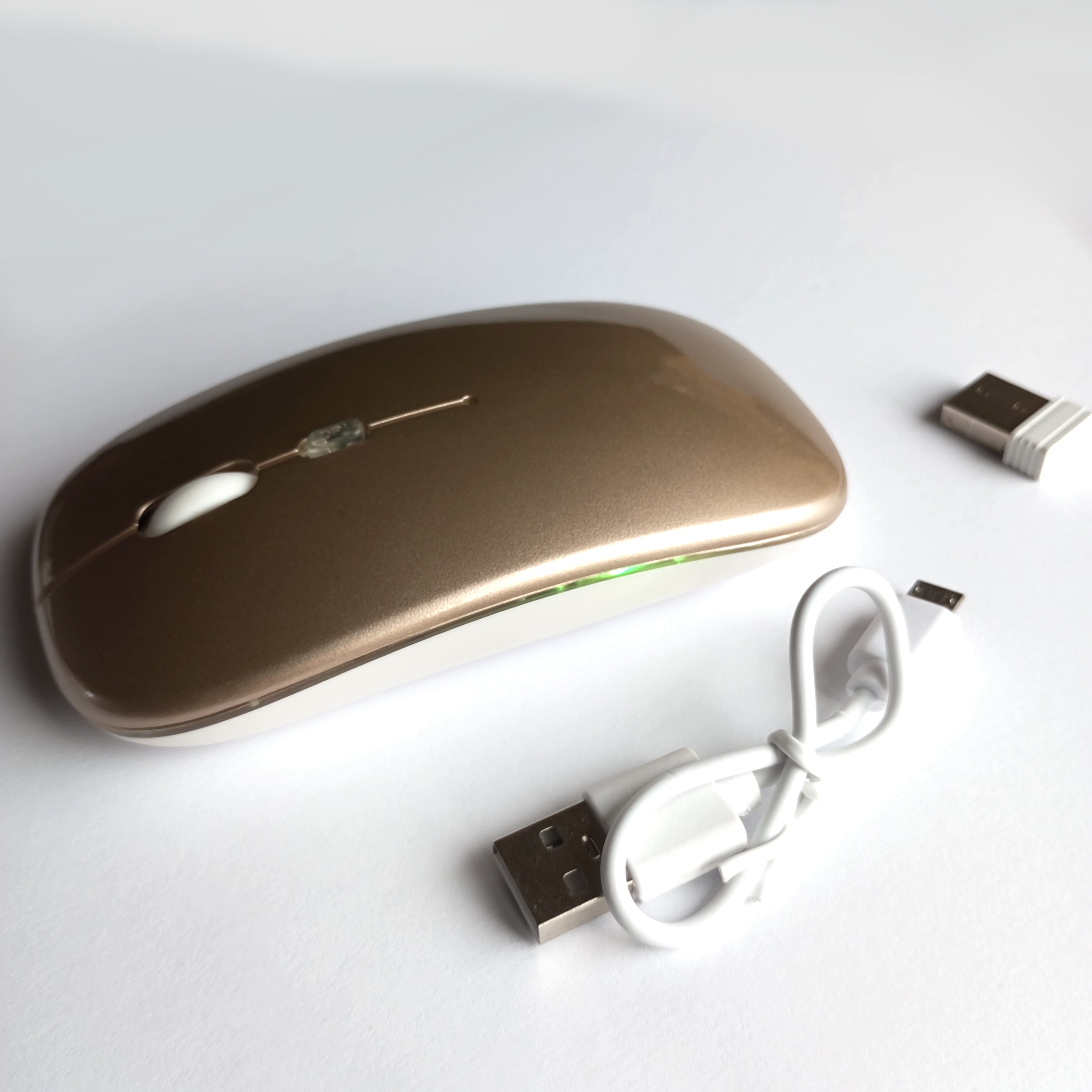 Belaidė 2.4G RGB pelė – tylus mygtukų paspaudimas, įkraunama, USB + Bluetooth, PC / Laptop / iPad Gold