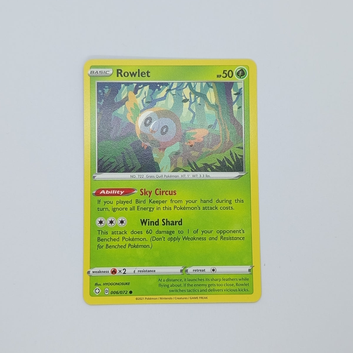 Rowlet 006/072 – Pokémon kortelė – Shining Fates – Grass – Common – EN – NM