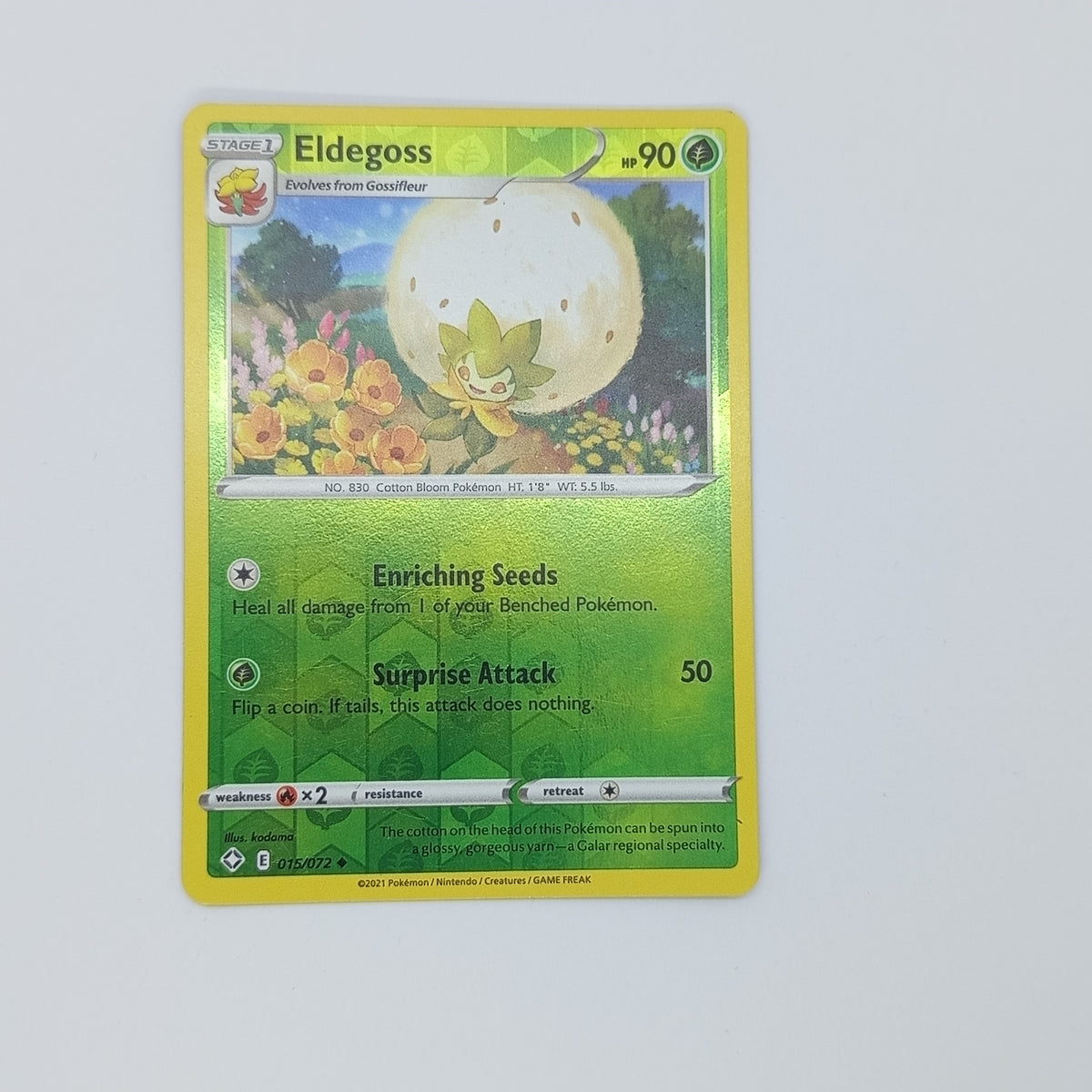 Eldegoss 015/072 - Pokémon kortelė - Shining Fates - Grass - Uncommon Reverse Holo- EN - NM