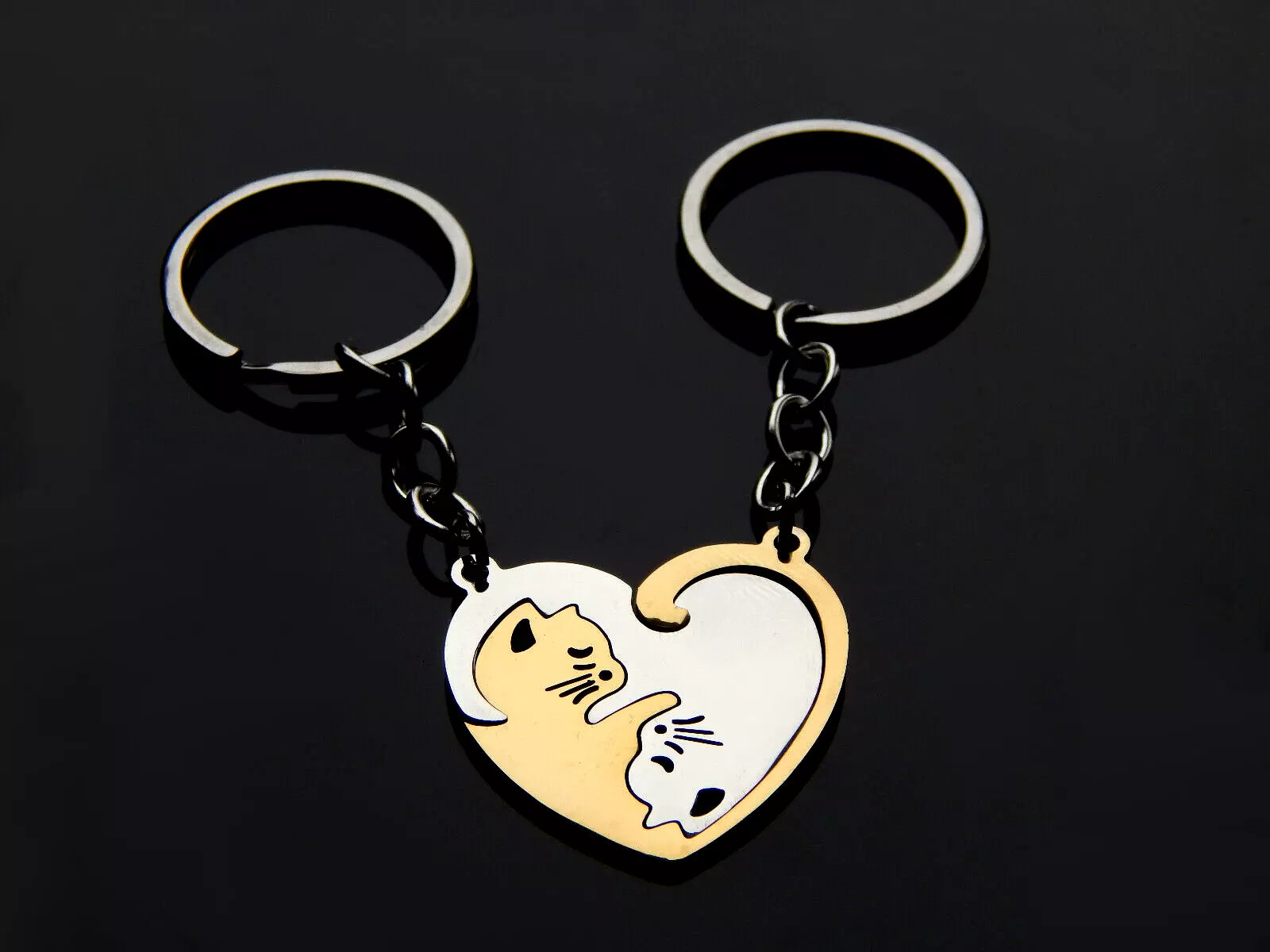 Porų raktų pakabukai – katinai (auksiniai ir sidabriniai), 1 pora, dovanų idėja poroms ar draugams