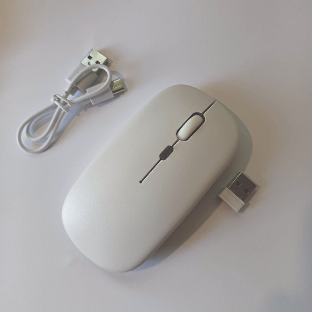 Belaidė 2.4G RGB pelė – tylus mygtukų paspaudimas, įkraunama, USB + Bluetooth, PC / Laptop / iPad (Balta)