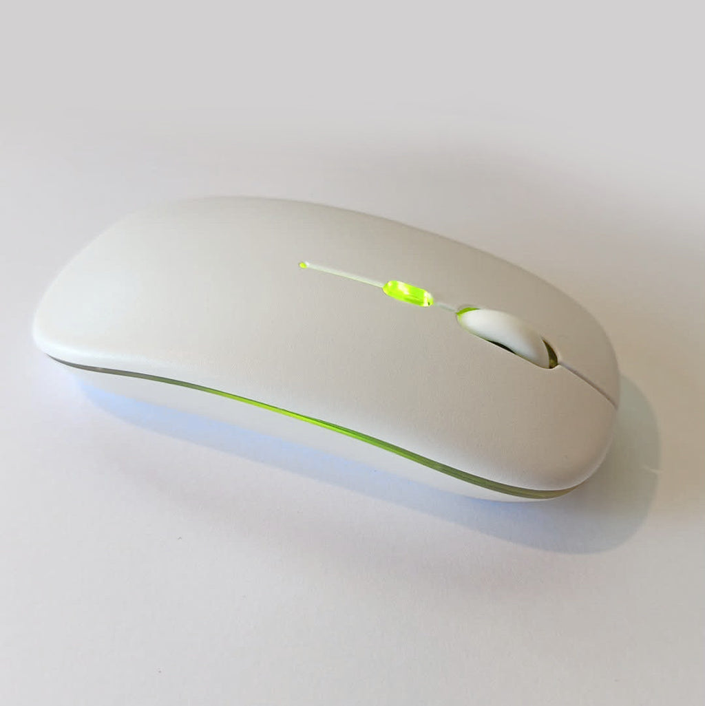 Belaidė 2.4G RGB pelė – tylus mygtukų paspaudimas, įkraunama, USB + Bluetooth, PC / Laptop / iPad (Balta)